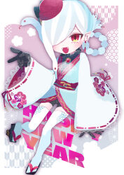  1boy :d absurdres bike_shorts black_gloves black_shorts blush bow braid chinese_zodiac commentary_request earrings fangs floral_print flower full_body geta gloves hair_ornament hair_over_one_eye happy_new_year hat highres japanese_clothes jewelry kimono long_hair long_sleeves looking_at_viewer new_year no_lineart obi okobo open_mouth original platform_sandals pointy_ears red_eyes red_hat ribbon sandals sash shorts shota simple_background slit_pupils smile snake solo thigh-highs vampire waniyama1993 white_hair white_kimono white_snake white_thighhighs wide_sleeves year_of_the_snake 