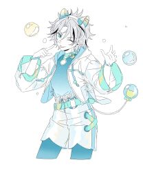 1boy :p absurdres alternate_costume animal_ear_hairband animal_ears bead_bracelet beads belt black_streaks blue_belt blue_choker blue_eyes blue_leggings blue_shirt bracelet bubble cat_o-ring choker contrapposto cropped_legs cross-laced_clothes cross-laced_shorts curtained_hair drawstring dreonya ensemble_stars! fake_animal_ears fake_tail grey_hair hairband hands_up head_tilt highres hood hooded_jacket jacket jewelry leggings long_sleeves male_focus multicolored_hair o-ring o-ring_belt one_eye_closed open_clothes open_jacket parted_bangs pointing pointing_at_self shirt shorts simple_background solo streaked_hair tail taki_ibuki tiger_boy tiger_ears tongue tongue_out v-shaped_eyebrows white_background white_jacket white_shorts wide_sleeves 