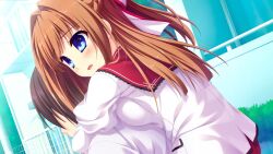  1girl arms_around_neck blue_eyes blush braid breast_press breasts breasts_on_another's_back brown_hair carrying day faceless faceless_male from_behind game_asset hair_intakes half_up_braid hinata_nao hoshimi_yuki jacket long_hair looking_at_another non-web_source official_art open_mouth outdoors piggyback red_sailor_collar red_skirt sailor_collar school skirt white_jacket yuuwaku_scramble 