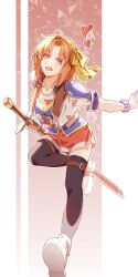  1girl ahoge anelace_elfead armor black_thighhighs brown_hair chinese_commentary commentary_request cropped_jacket curtained_hair eiyuu_densetsu fingerless_gloves full_body gloves gradient_background hairband heart highres holding holding_sword holding_weapon leg_up looking_at_viewer open_mouth outstretched_arm parted_bangs pauldrons red_skirt shoes short_hair shoulder_armor simple_background single_pauldron skirt smile solo sora_no_kiseki standing standing_on_one_leg sword thigh-highs two-tone_background two-tone_wristband violet_eyes weapon white_gloves white_shoes wristband yellow_hairband yingkongji1 
