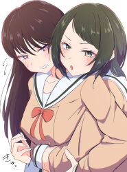  2girls bang_dream! bang_dream!_it's_mygo!!!!! blush brown_dress brown_hair commentary_request dokusai_0207 dress green_eyes green_hair hand_up highres hug hug_from_behind long_hair long_sleeves medium_hair mole mole_under_eye multiple_girls open_mouth sailor_collar sailor_dress shiina_taki violet_eyes white_sailor_collar yahata_umiri yuri 