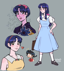  1boy 1girl aaliyahdraws black_hair black_shoes blue_dress blue_hair bow braid brown_eyes closed_mouth dress fuurinkan_high_school_uniform grey_background hair_bow hairband hand_on_own_hip heart highres long_hair pink_bow pink_hairband pink_lips ranma_1/2 saotome_ranma saotome_ranma_(male) school_uniform shoes short_hair single_braid smile tendou_akane 