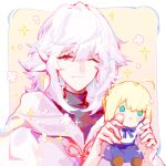  1boy ahoge argon_(caocaocaocaocao) artoria_pendragon_(fate) blonde_hair blue_eyes fate/grand_order fate_(series) flower_knot hair_between_eyes highres holding holding_toy hood hooded_robe long_hair looking_at_viewer male_focus merlin_(fate) one_eye_closed robe saber smile solo stuffed_toy toy upper_body violet_eyes white_hair white_robe 