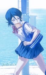  1girl bleach blue_eyes blue_theme bread bread_slice commentary_request food food_in_mouth highres japanese_clothes kuchiki_rukia late_for_school mouth_hold neckerchief pleated_skirt sailor_collar school_uniform serafuku shirt short_hair skirt solo toast toast_in_mouth white_shirt xiexian170 