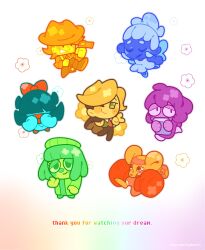  1other 2girls 3boys absurdres animal_ears aqua_(deltarune) blonde_hair blue_(deltarune) blue_hair blue_skin boxing_gloves chef_hat colored_skin cowboy_hat deltarune english_commentary english_text fairy_wings flowery_(deltarune) green_(deltarune) green_hair green_skin hair_ribbon hat highres mouse_(animal) mouse_ears mouse_tail multiple_boys multiple_girls orange_(deltarune) paranoid_ghosts purple_hair purple_skin red_ribbon ribbon seth_(deltarune) tail tutu utdr_(toby_fox) white_background wings yellow_(deltarune) yellow_skin 