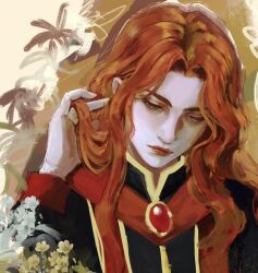  1girl closed_mouth curtained_hair elden_ring flower gem gold_trim hand_in_own_hair high_collar highres lips long_hair looking_down lunar_princess_ranni pale_skin red_hair red_lips robe simple_background solo stole upper_body vanitatisvitae 