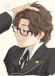  2boys black-framed_eyewear brown_eyes brown_hair closed_mouth commentary_request fingernails glasses hand_on_another's_head hiraga_keisuke isa_(peien516) male_focus multiple_boys odagiri_hidetoshi out_of_frame persona persona_3 rectangular_eyewear semi-rimless_eyewear simple_background solo_focus speech_bubble thought_bubble translation_request under-rim_eyewear 