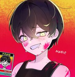  1boy black_hair black_tank_top blood blood_on_clothes blood_on_face citan_(reci_tan) collarbone colored_skin commentary double-parted_bangs drooling english_text grin hair_between_eyes highres looking_at_viewer male_focus mouth_drool omori omori_(omori) open_mouth reference_inset smile solo sweat tank_top teeth white_eyes white_skin 