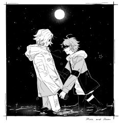  2boys ahoge aotsuki_eito border closed_eyes closed_mouth commentary drawstring english_text gloves greyscale highres holding_hands hood hood_down hooded_jacket jacket jacket_over_hoodie male_focus monochrome multicolored_hair multicolored_jacket multiple_boys night open_clothes open_jacket open_mouth outdoors pants qiming_zhende_hao_nan short_hair smile spoilers star_(sky) star_(symbol) streaked_hair sumino_takumi sunglasses the_hundred_line_-last_defense_academy- thigh_strap two-tone_hair two-tone_jacket untranslatable_commentary wading white_border 