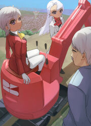  1boy 2girls ascot commentary_request crane_(machine) facial_hair highres jacket landscape long_hair multiple_girls mustache mutsuba_asaka mutsuba_asana old old_man pants red_ascot violet_eyes white_hair white_jacket white_pants yellow_ascot yu-gi-oh! yu-gi-oh!_go_rush!! yu-gi-oh!_sevens yuzutaroman 