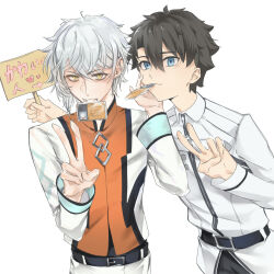  2boys belt black_belt black_hair blue_eyes chaldea_staff_uniform commentary_request fate/grand_order fate_(series) food fujimaru_ritsuka_(male) fujimaru_ritsuka_(male)_(normal_chaldea_uniform) green_rar hair_between_eyes highres holding holding_sign id_card jacket kadoc_zemlupus long_sleeves looking_at_viewer male_focus mouth_hold multiple_boys official_alternate_costume orange_shirt shirt short_hair sign simple_background smile upper_body v white_background white_hair white_jacket yellow_eyes 