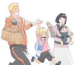  2boys 2girls aged_down ahoge baby babywearing bandaged_hand bandages basket black_hair black_pants blue_eyes bob_cut boruto:_naruto_next_generations boruto_(series) bottle child closed_eyes family father_and_child father_and_son grin holding holding_basket holding_hands hood hoodie husband_and_wife hyuuga_hinata mother_and_child mother_and_daughter mother_and_son multiple_boys multiple_girls naruto_(series) njcanopus open_mouth orange_hoodie pants parent_and_child sandals short_hair skirt smile uzumaki_boruto uzumaki_himawari uzumaki_naruto water_bottle white_skirt 