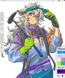  1girl animal_ears arknights art_program_in_frame blue_eyes closed_mouth commentary gloves green_gloves grey_hair hair_between_eyes hands_up highres hongshan_forest_zoo jacket lappland_(arknights) long_hair long_sleeves looking_at_viewer official_alternate_costume purple_jacket scar scar_across_eye scar_on_face smile solo tamokuu upper_body visor_cap white_background wolf_ears wolf_girl 