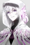  1boy fate/grand_order fate_(series) flower flower_knot grey_background hair_between_eyes hood hooded_robe long_hair looking_at_viewer male_focus merlin_(fate) ribbon robe signature smile solo tanxiacross11 upper_body violet_eyes white_hair white_robe 