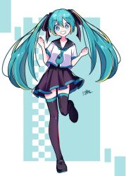  1girl alternate_costume aqua_eyes aqua_hair aqua_necktie black_sailor_collar black_skirt black_thighhighs clenched_hands commentary full_body grin hands_up hatsune_miku highres long_hair looking_at_viewer miniskirt mirimiri_022 necktie sailor_collar school_uniform serafuku shirt short_sleeves skirt smile solo standing standing_on_one_leg thigh-highs twintails untranslatable_commentary vocaloid white_shirt zettai_ryouiki 
