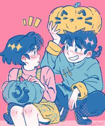  1boy 1girl blue_eyes blue_hair blue_pants blue_shoes blush braid chinese_clothes commentary dress ellaphnt english_commentary grin highres open_mouth pants pink_background pumpkin ranma_1/2 saotome_ranma saotome_ranma_(male) shoes short_hair single_braid sitting smile squatting tangzhuang tendou_akane yellow_dress 