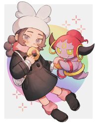  1girl ansha_(pokemon) bag black_coat blue_eyes brown_hair child coat colored_sclera commentary_request crsrsrsrsrs doughnut eyelashes food hat highres holding holding_donut holding_food hoopa hoopa_(confined) leg_warmers pink_leg_warmers pink_scarf pokemon pokemon_legends:_z-a rayman_limbs scarf white_bag white_hat winter_clothes winter_coat yellow_sclera 