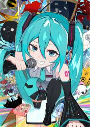  aomame_9673 belt bento black_cat blue_hair cat cellphone chibi climbing commentary_request detached_sleeves fourth_wall hatsune_miku highres looking_at_viewer microphone necktie phone picture_frame pinocchio-p postcard smartphone smile thigh-highs vocaloid 