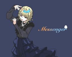  1girl antares_rui blonde_hair blue_background blue_shirt blue_skirt brown_eyes commentary_request highres holding holding_microphone microphone mole mole_above_mouth ofuda open_mouth real_life sasaki_rico shirt short_hair simple_background skirt solo voice_actor 