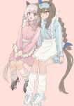  2girls :d admire_vega_(umamusume) animal_ears apron black_footwear blush braid curren_chan_(umamusume) ear_covers full_body grey_hair highres horei_tsuna horse_ears horse_girl horse_tail long_sleeves loose_socks low_ponytail multiple_girls pink_background roller_skates short_hair sidelocks simple_background single_braid single_ear_cover sitting skates smile socks tail umamusume umamusume:_road_to_the_top violet_eyes white_apron white_footwear 