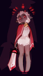  1girl absurdres animal_ears arm_at_side artist_name bell blood blood_on_feet blood_on_weapon body_fur cloak closed_mouth cult_of_the_lamb dark full_body furry furry_female grey_fur highres holding holding_sword holding_weapon horizontal_pupils horns jingle_bell legs looking_at_viewer neck_bell red_cloak red_eyes red_horns sheep_ears sheep_girl short_hair signature small_horns solo spuydjeks standing sword the_lamb_(cult_of_the_lamb) two-tone_fur weapon white_fur white_hair white_trim zoom_layer 
