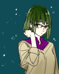  1girl breasts closed_mouth collared_shirt glasses green_eyes green_hair grey_sweater hagiwara_daisuke hand_up hori-san_to_miyamura-kun kouno_sakura long_sleeves shirt simple_background solo star_(symbol) sweater upper_body wing_collar 
