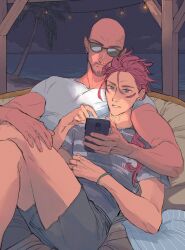  2boys aqua_eyes arm_around_shoulder bald beach beard black_shorts clouds commentary crew_neck earrings english_commentary facial_hair facial_mark final_fantasy final_fantasy_vii hair_slicked_back highres holding holding_phone jewelry lanimalu long_hair lying male_focus multiple_boys ocean on_back outdoors palm_tree phone piercing pillow pointing_at_phone red_hair reno_(ff7) rude_(ff7) shirt short_sleeves shorts sky summer sunglasses t-shirt tree white_shirt 
