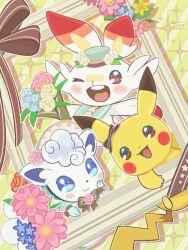  alolan_vulpix alolan_vulpix_(floral) black_eyes blue_eyes bow brown_bow commentary_request empty_picture_frame flower one_eye_closed open_mouth picture_frame pikachu pikachu_(flower_frame) pink_flower pokemon pokemon_(creature) pokemon_cafe_remix runachikku scorbunny scorbunny_(floral) 