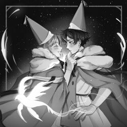  2girls agott_arklaum_(tongari_boushi_no_atelier) blush cloak coco_(tongari_boushi_no_atelier) commentary fur-trimmed_robe fur_trim greyscale grin hat highres jobybolu looking_at_another monochrome multiple_girls robe short_hair smile sweatdrop tongari_boushi_no_atelier wizard_hat yuri 