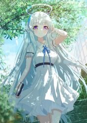  1girl absurdres bird blue_archive blue_ribbon book casual commentary_request dove halo headgear highres holding holding_book holding_notebook looking_at_viewer mechanical_halo noa_(blue_archive) notebook outdoors puffy_short_sleeves puffy_sleeves ribbon short_sleeves smile solo violet_eyes white_hair white_halo yuso_mrk315 