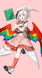  1girl belt bird_wings black_streaks book brown_belt chinese_commentary commentary_request feathered_wings flask frilled_skirt frills full_body grey_hair hat highres holding holding_book hollow_song_of_birds kori_morri leg_up looking_at_viewer multicolored_hair open_mouth orange_eyes pink_background pink_skirt pink_vest puffy_short_sleeves puffy_sleeves rainbow_wings red_socks round-bottom_flask shirt short_sleeves skirt smile socks solo streaked_hair test_tube torisumi_horou touhou vest white_hat white_shirt wings yellow_eyes 