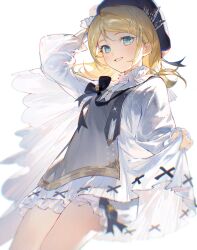  1girl aqua_eyes arm_up black_hat black_ribbon blonde_hair chromatic_aberration commentary cowboy_shot eyelashes frilled_shorts frilled_sleeves frills grin hair_ornament hairclip hat highres kagamine_rin light_particles long_hair long_sleeves makka_potato miku_symphony_(vocaloid) parallel_hairclips ribbon see-through_clothes see-through_sleeves shirt shorts smile solo symphony_rin symphony_rin_(2025) vocaloid white_shirt white_shorts 