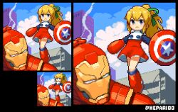  1boy 1girl blonde_hair blue_sky boots building captain_america's_shield closed_mouth clouds commentary_request day double-parted_bangs english_commentary frown green_ribbon hair_between_eyes hair_ribbon hepari holding holding_shield iron_man iron_man_(series) knee_boots long_hair marvel mega_man_(series) mixed-language_commentary outdoors pixel_art ponytail red_boots red_skirt ribbon roll_(mega_man) shield skirt sky twitter_username violet_eyes 