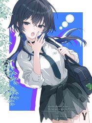  1girl :o alternate_costume bag black_choker black_eyes black_hair blue_hair blue_nails cardigan cardigan_around_waist charm_(object) choker clothes_around_waist collared_shirt colored_inner_hair commentary hair_between_eyes half-closed_eyes jellyfish_cut kamitsubaki_studio koko_(kamitsubaki_studio) light_blush long_hair long_sleeves looking_at_viewer multicolored_hair nail_polish necktie pleated_skirt school_bag school_emblem school_uniform shirt shirt_tucked_in skirt takasaka_light untranslatable_commentary white_shirt 