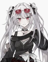 1girl asymmetrical_bangs black_choker black_shirt braid breasts choker eyewear_on_head facial_mark hair_ornament hair_ribbon heart heart_facial_mark honkai:_star_rail honkai_(series) ino_(1hjzuy) jewelry long_hair looking_at_viewer medium_breasts necklace official_alternate_costume official_alternate_hairstyle parted_lips pink_eyes ribbon shirt sidelocks simple_background single_bare_shoulder sleeves_past_wrists solo sparkle_(honkai:_star_rail) sparxie_(candy-coated_waves)_(honkai:_star_rail) sparxie_(honkai:_star_rail) stuffed_animal stuffed_toy sunglasses teddy_bear twintails two_side_up upper_body very_long_hair white_background x_hair_ornament 