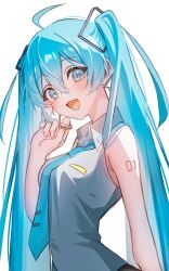  1girl absurdres ahoge bare_arms bare_shoulders blue_eyes blue_hair blue_necktie blush collared_shirt commentary_request earpiece grey_shirt hair_between_eyes hair_ornament hatsune_miku headset highres holding_earpiece inosia korean_commentary long_hair looking_at_viewer necktie number_tattoo parted_lips shirt shoulder_tattoo sidelocks simple_background sleeveless sleeveless_shirt smile solo striped_clothes striped_shirt tattoo twintails upper_body very_long_hair vocaloid white_background 