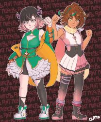  2girls absurdres artist_name asymmetrical_legwear auteru_tori auteru_tori_(cosplay) bare_shoulders belt black_boots black_shorts boots bow braid breasts brown_background brown_hair closed_mouth clothing_cutout commentary cosplay costume_switch dark-skinned_female dark_skin english_text eyelashes fang feathered_wings fraiki_(vtuber) fraiki_(vtuber)_(cosplay) frilled_skirt frills full_body gradient_hair gradient_thighhighs green_hair green_shirt hair_ornament head_wings highres horns indie_virtual_youtuber long_sleeves multicolored_hair multicolored_skirt multiple_girls navel navel_cutout off_shoulder orange_eyes outline pink_bow pink_eyes pink_hair purple_belt purple_socks scarf shirt short_hair shorts shorts_under_skirt skin_fang skirt sleeveless smile socks socks_rolled_down split-color_clothes standing star_(symbol) star_hair_ornament text_background thick_eyebrows thigh-highs two-tone_hair two-tone_skirt untranslatable_commentary virtual_youtuber white_boots white_outline white_skirt wings xc_ouma yellow_scarf 
