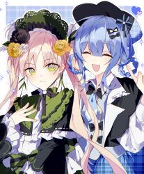  2girls absurdres artist_name black_bow black_bowtie black_capelet black_flower black_hat black_rose blonde_hair blue_hair blue_necktie blue_skirt blue_vest bonnet border bow bow_flower bowtie braid braided_hair_rings capelet chinese_commentary closed_eyes closed_mouth collared_shirt commentary_request commission deerstalker dress flower frilled_capelet frilled_dress frilled_sleeves frills green_bonnet green_eyes hair_bow hair_flower hair_ornament hair_rings hat hat_bow highres lolita_fashion long_hair long_sleeves looking_at_viewer mahou_shoujo_no_majo_saiban merc4ury0 multiple_girls necktie open_mouth outline plaid_background plaid_clothes plaid_skirt rose second-party_source shirt short_hair signature skirt smile tachibana_sherry tono_hanna twintails twitter_username upper_body vest white_border white_flower white_outline white_rose white_shirt wide_sleeves winged_hat yellow_flower yellow_rose 