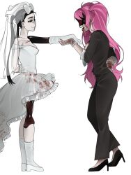  2girls alien_stage black_hair blood blood_on_clothes bridal_veil commentary dress english_commentary gloves hair_between_eyes high_heels highres long_hair mizi_(alien_stage) multiple_girls off-shoulder_dress off_shoulder open_mouth pink_hair simple_background smile standing sua_(alien_stage) suit twintails veil vesper_styx violet_eyes wedding_dress white_dress white_gloves zombie_stage 