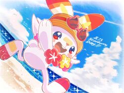  beach blue_sky clouds commentary_request day flower flower_necklace hat highres lei looking_back no_humans open_mouth outdoors pokemon pokemon_(creature) red_eyes runachikku running scorbunny sky solo sparkle straw_hat summer sunglasses 
