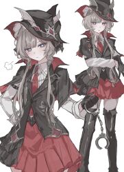  1girl alternate_universe black_hat black_jacket black_thighhighs blue_eyes brown_hair dress genshin_impact hat highres jacket looking_at_viewer nayuta_(8888_mugen) necktie red_dress sandrone_(genshin_impact) sandrone_(marechaussee_hunter)_(genshin_impact) short_hair_with_long_locks simple_background thigh-highs wrist_cuffs 