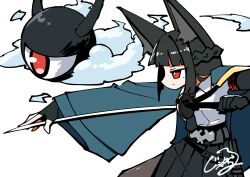  1girl animal_ear_fluff animal_ears black_gloves black_hair black_horns black_necktie black_pantyhose black_skirt blue_cape blunt_bangs blunt_sidelocks braid cape collared_shirt commentary_request eyeball fighting_stance fingerless_gloves floating from_side gatotsu_stance generalcanon gloves half_up_braid hand_on_blade highres hime_cut holding holding_sword holding_weapon horns hoshimi_miyabi katana looking_ahead mechanical_arms necktie pantyhose pleated_skirt red_eyes shirt sidelocks simple_background single_fingerless_glove single_mechanical_arm skirt steam sword tailless_(zenless_zone_zero) weapon white_background white_shirt wide_sleeves wolf_ears zenless_zone_zero 