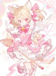  1girl animal_ear_fluff animal_ears bell blonde_hair blush blush_stickers bow bowtie buttons character_request chibikemo closed_mouth commission copyright_request cowboy_shot dress dress_bow fox_ears fox_girl frilled_bow frills gloves hair_bow hair_ornament heart heart_hair_ornament heart_of_string holding holding_staff jingle_bell koiliblikas long_sleeves looking_at_viewer magical_girl medium_hair mihuashi_commission petticoat pink_bow pink_bowtie pink_dress pink_ribbon pink_shoes pink_sleeves red_eyes ribbon shoes single_blush_sticker smile solo staff standing standing_on_one_leg thank_you thigh-highs twintails watermark white_gloves white_thighhighs white_wings wings 