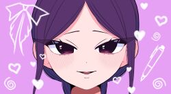  1girl commentary dinisgraff dot_nose english_commentary heart highres kimi_no_koto_ga_dai_dai_dai_dai_daisuki_na_100-nin_no_kanojo light_blush looking_at_viewer morikita_kimari open_mouth parody parted_bangs pink_background portrait purple_hair simple_background smile solo straight-on style_parody tsurime violet_eyes 