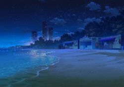  awning beach blue_archive blue_theme building city_lights cityscape cliff clouds cool_colors foam food_stand forest game_asset horizon landscape nature night no_humans non-web_source ocean official_art outdoors railing ring_of_light_(blue_archive) ripples sand scenery shop shore sign sky skyscraper sparkle star_(sky) starry_sky storefront tree water waves window 