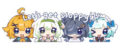  3am 4girls :d ahoge animal_ears aqua_shirt black_bow black_jacket blonde_hair blue_bow blue_eyes blue_hair bow chibi densetsu.exe dokibird dokibird_(bounty_hunter) eye_mask fang ferret_ears ferret_girl food fruit gradient_hair green_eyes green_hair green_hairband hair_between_eyes hair_bow hair_intakes hair_ornament hair_over_one_eye hairband headphones headphones_around_neck highres indie_virtual_youtuber jacket jewelry lime_(fruit) lime_slice limealicious limealicious_(cozy) looking_at_viewer maid_headdress mask mint_fantome monkytoast multicolored_hair multiple_girls neckerchief necklace open_mouth orange_neckerchief overalls pink_overalls raccoon_ears raccoon_girl shirt short_hair skin_fang smile snuffy_(swimsuit)_(vtuber) snuffy_(vtuber) star_(symbol) star_hair_ornament tongue tongue_out twintails virtual_youtuber white_background white_hair white_shirt x_hair_ornament 
