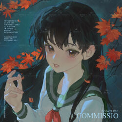  1girl autumn_leaves black_hair branch breasts brown_eyes commission green_sailor_collar hand_up highres higurashi_kagome inuyasha leaf long_hair long_sleeves looking_at_viewer maple_leaf medium_breasts mihuashi_commission neckerchief nemuri_hitsuji_inshi parted_lips red_neckerchief sailor_collar school_uniform serafuku shirt solo upper_body water watermark watermark_grid white_shirt 