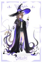  1girl animal_ear_fluff animal_ears ankle_boots artist_name ascot black_boots black_hat black_robe black_shorts boots braid_over_shoulder brown_hair chinese_commentary closed_mouth commentary_request commission ears_through_headwear extra_ears full_body grey_socks hat highres holding holding_stick large_hat legs long_sleeves looking_at_viewer multicolored_hat open_clothes open_robe original purple_ascot purple_hat robe sample_watermark shale shirt short_shorts shorts socks solo standing stick tail tail_ornament tail_ring two-tone_hat violet_eyes watermark white_shirt wide_sleeves witch_hat 