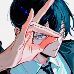  1boy arm_up black_hair black_jacket black_necktie blue_eyes chainsaw_man collared_shirt double-parted_bangs fox_shadow_puppet hair_between_eyes hayakawa_aki highres hrak_mumi jacket looking_at_viewer male_focus necktie open_clothes open_jacket sanpaku shirt short_hair simple_background solo suit_jacket white_background white_shirt wing_collar 