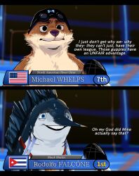  2boys absurdres american_flag annoyed black_eyes black_hat blue_eyes character_name confused cuban_flag english_commentary english_text fantasy_racism fish_boy furrification furry furry_male goggles goggles_on_head hat highres michael_phelps microphone multiple_boys olympics real_life rodolfo_falcon_cabrera smile swim_cap wonder3mporium 